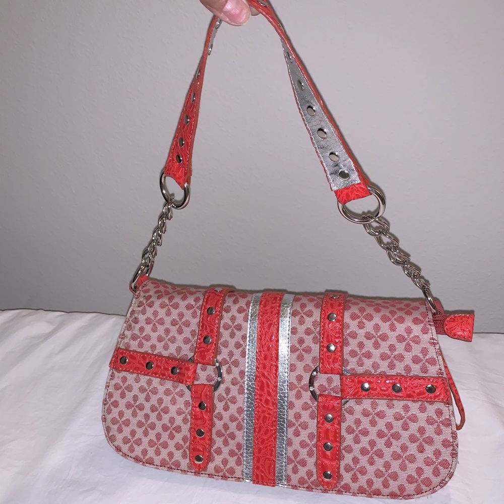 Handbag by Emilie M. RED/SILVER w/CHAIN STRAP Inside zipper & 2 smaller pockets.